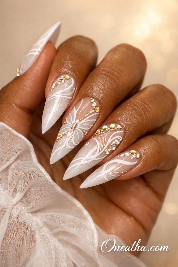 White butterfly nails feature soft white or milky tones paired with delicate butterfly wing designs for an elegant, airy look. These styles often include glossy finishes, subtle shimmer, or gemstone accents to enhance the design. White butterfly nails are known for their timeless, feminine aesthetic that works across seasons and occasions.