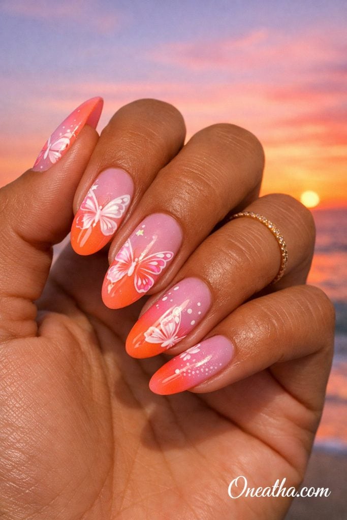 White butterfly nails with glossy finish, soft feminine nail design featuring delicate butterfly art, elegant manicure with butterflies, luxury butterfly nail inspiration, almond and stiletto butterfly nails design.