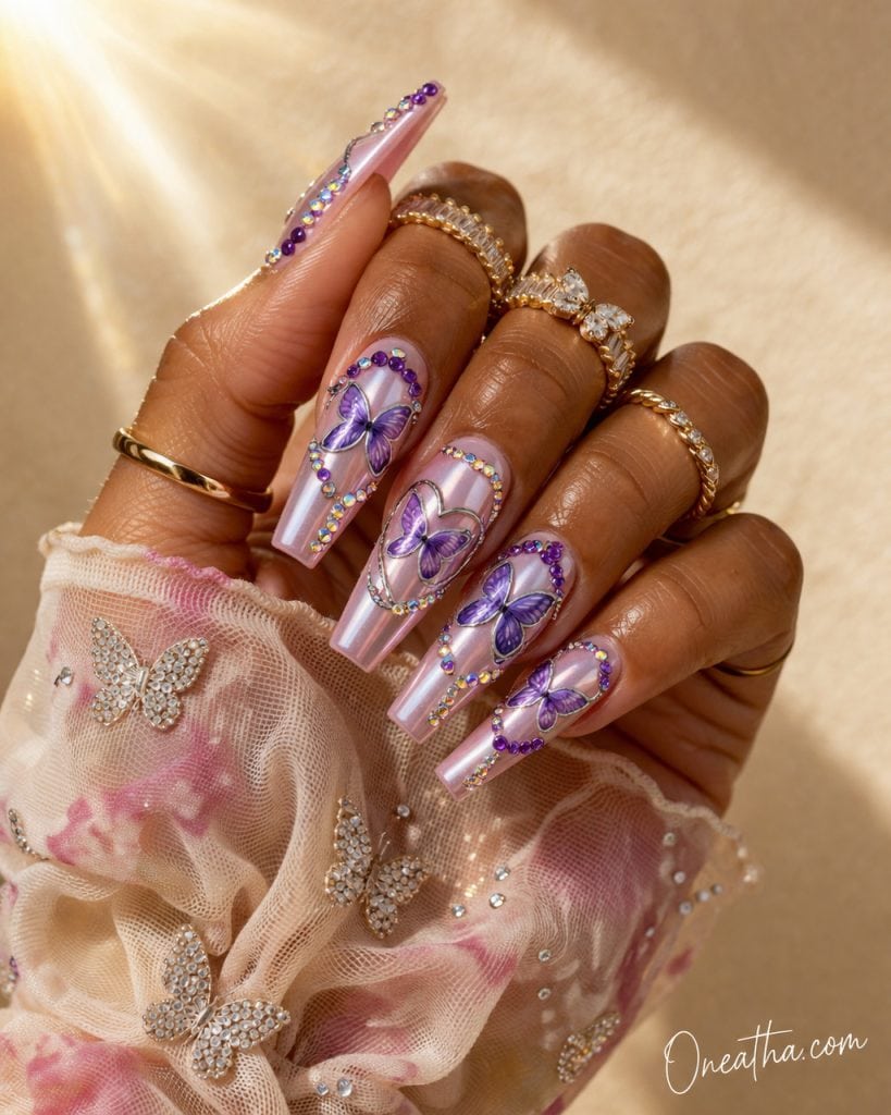 Purple butterfly nails with pink chrome base, rhinestone outlines, glossy coffin acrylic nails featuring butterfly nail art and crystal accents, luxury nail inspiration on warm-toned hand with gold rings