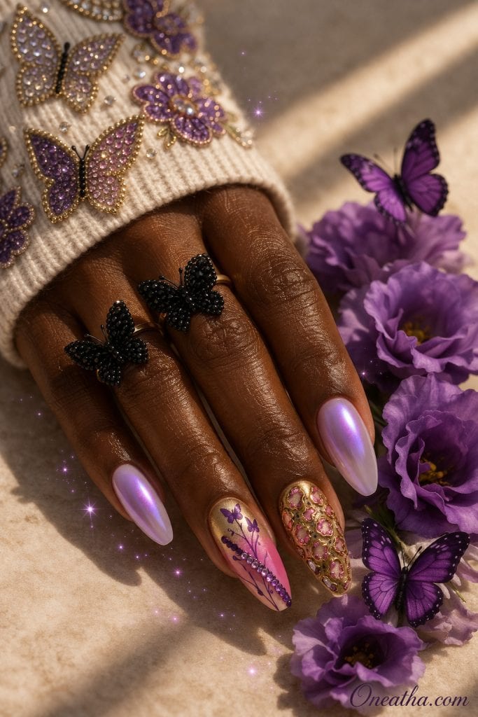 Light purple butterfly nails with pink ombre base and chrome finish, featuring floral and butterfly nail art with gold detailing on stiletto nails, luxury manicure on warm-toned hand with rings and soft purple flowers