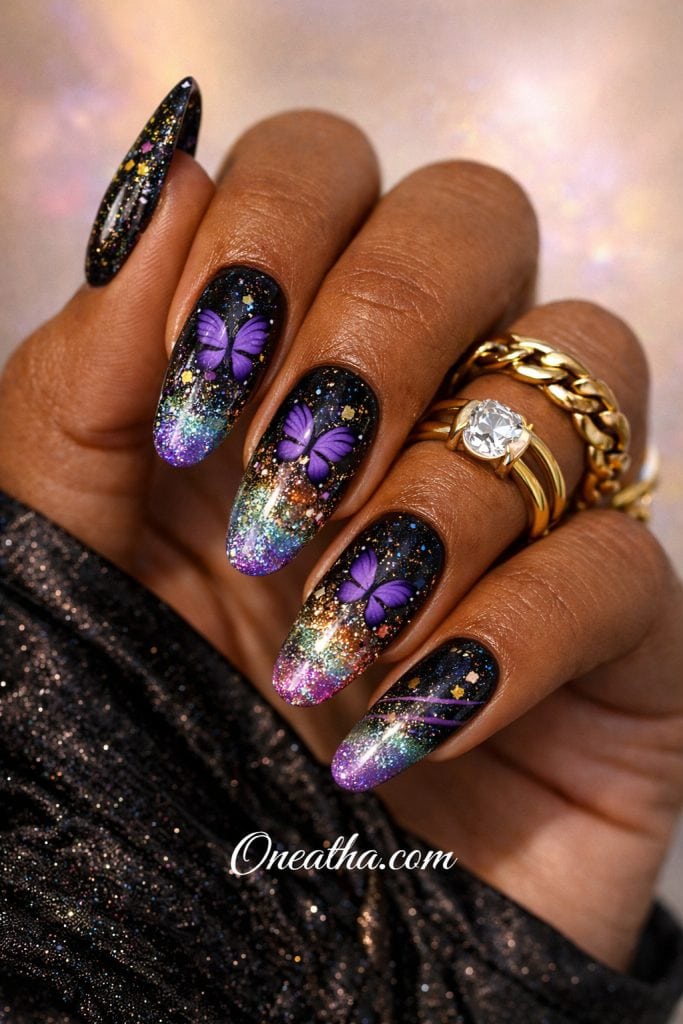 black aura nails with purple butterfly design and multicolor glitter ombre, long almond acrylic nails with ombre sparkle and glossy finish, purple butterfly nail art inspiration