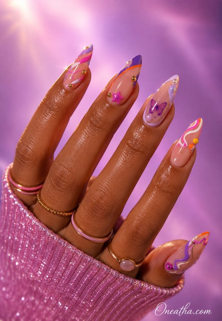 Playful editorial nails with colorful accents by Oneatha.
