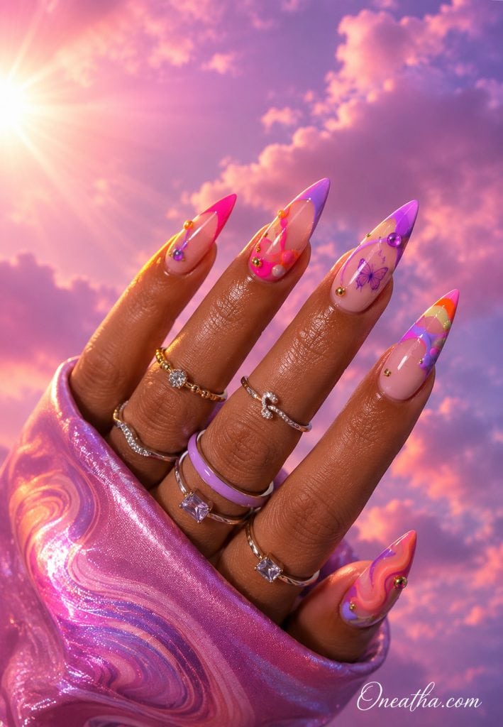 Summer Pop stiletto nails with purple butterflies by Oneatha.