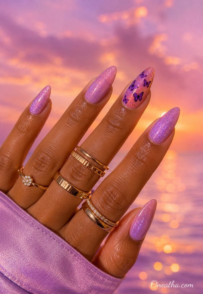 Lilac shimmer butterfly almond nails.