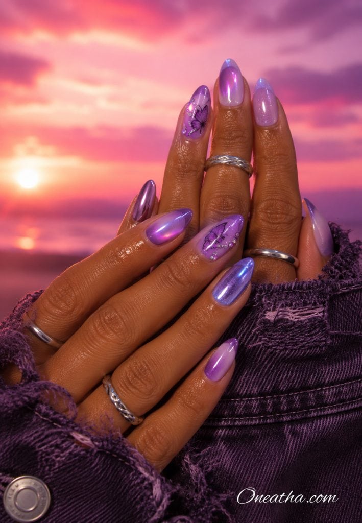 Purple cat eye shimmer nails.