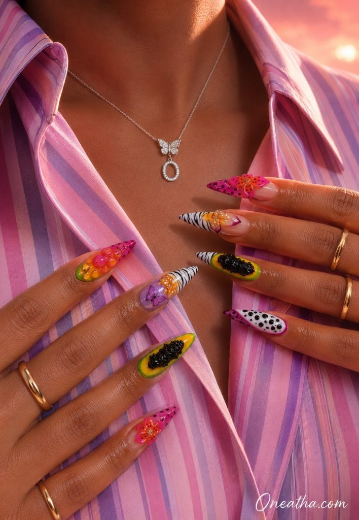 Colorful butterfly fruit nail designs with tropical details.