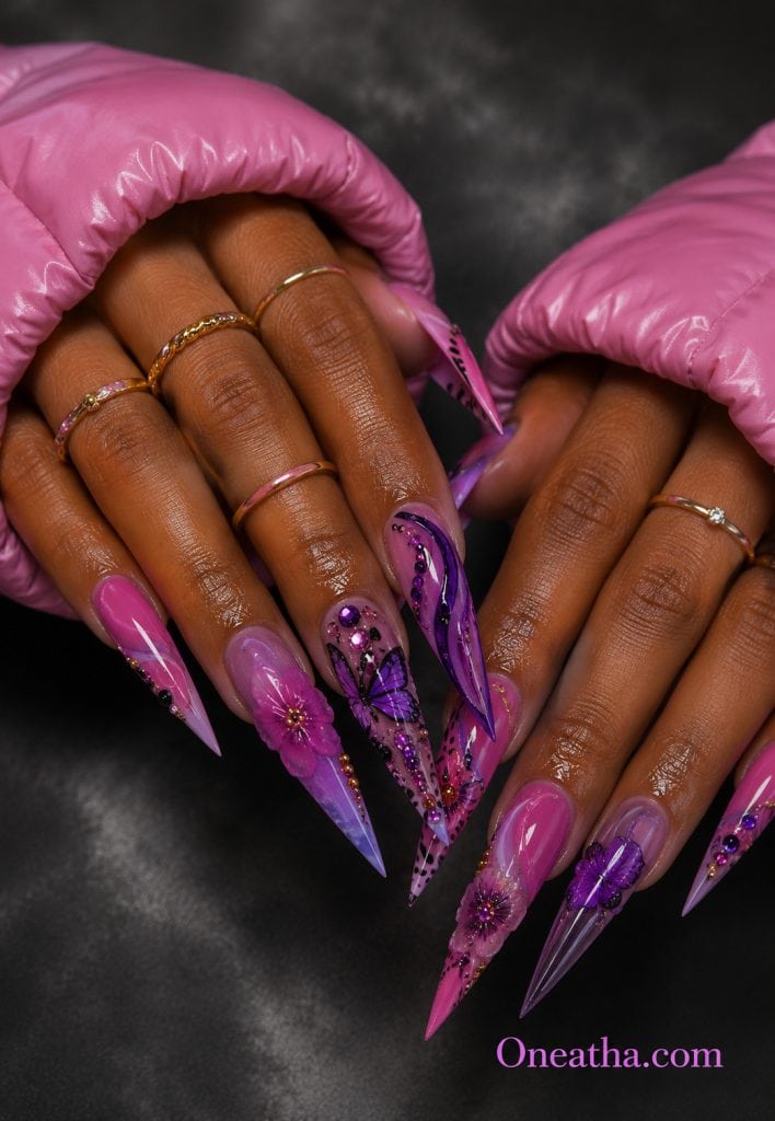 Floral purple butterfly nails.