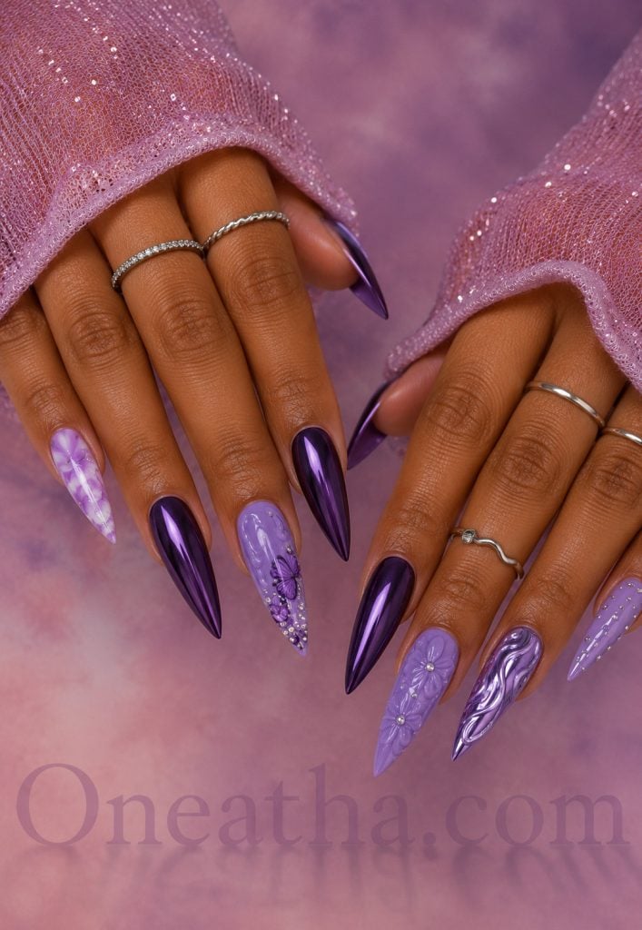 Sparkle butterfly nails with a purple butterfly accent.