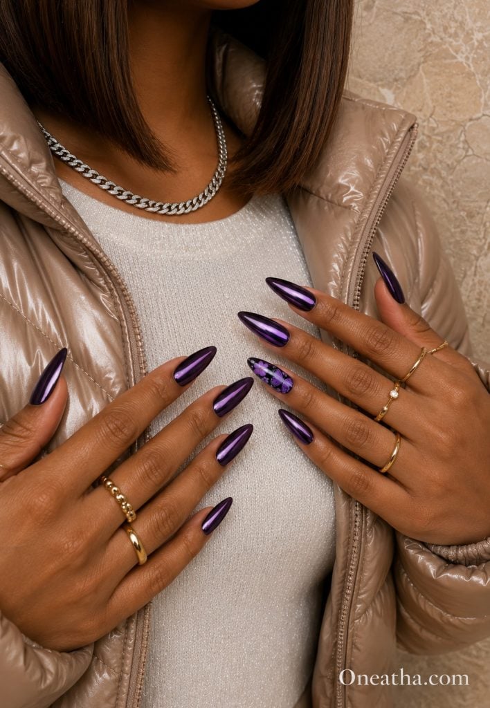 Purple butterfly chrome nails.