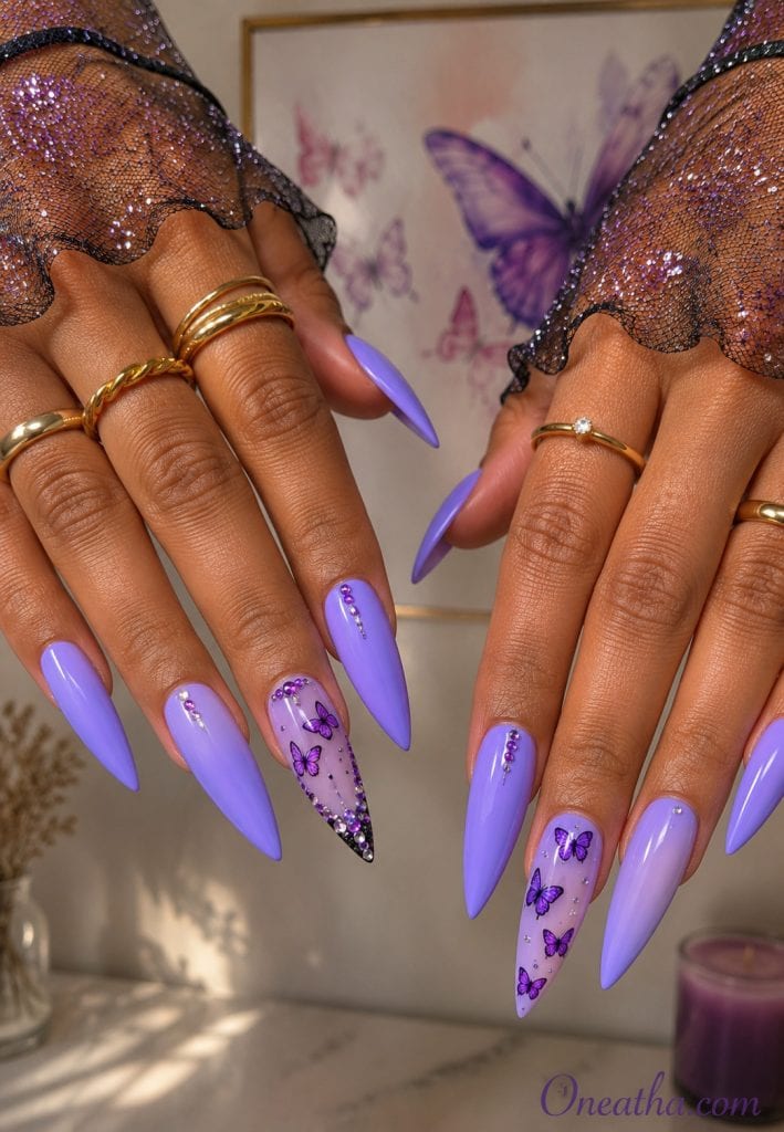 Lavender sparkle nails with a glossy finish.