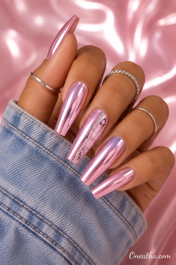 Pink mirror chrome butterfly coffin nails.
