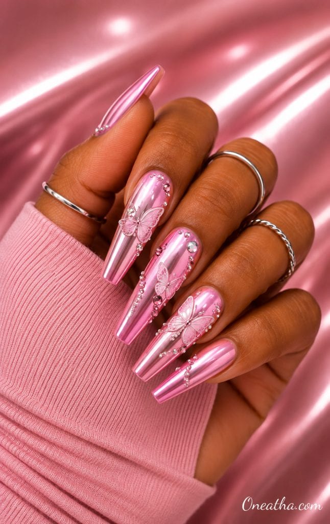 Bubblegum chrome butterfly nails.