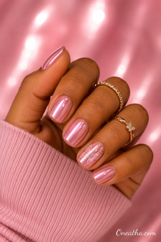 Pink glazed butterfly nails.