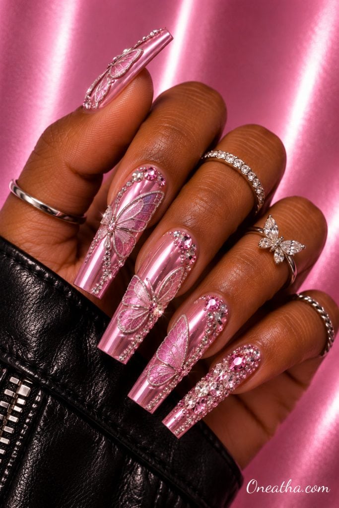 Diamond butterfly chrome nails.