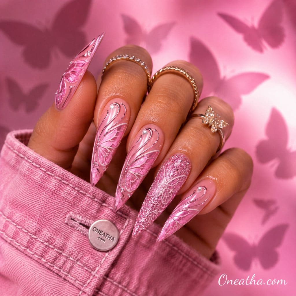 Pink swirl butterfly nails.