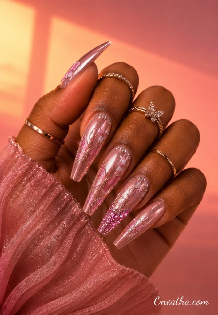 Pink floral butterfly chrome nails.