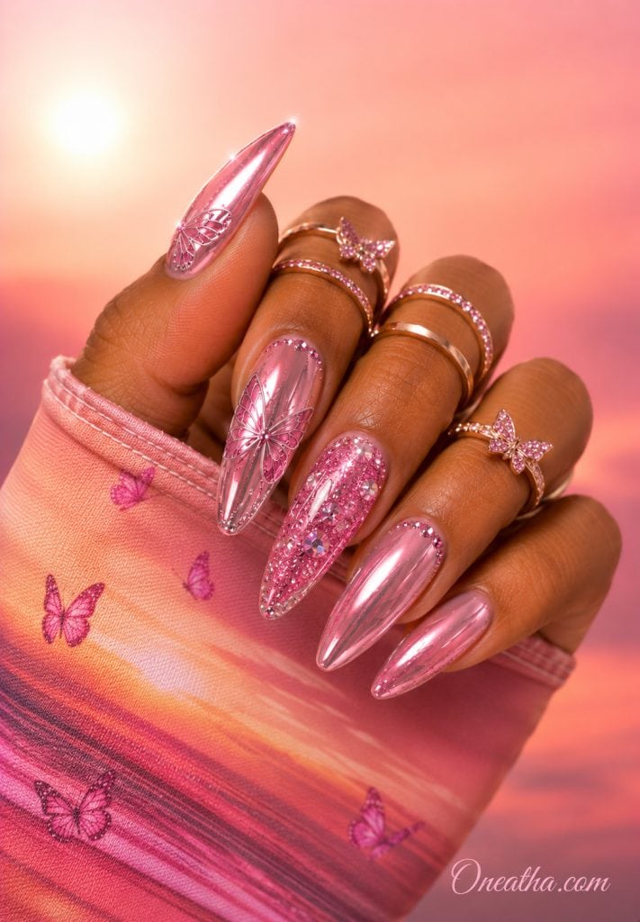 Sparkly butterfly chrome nails.