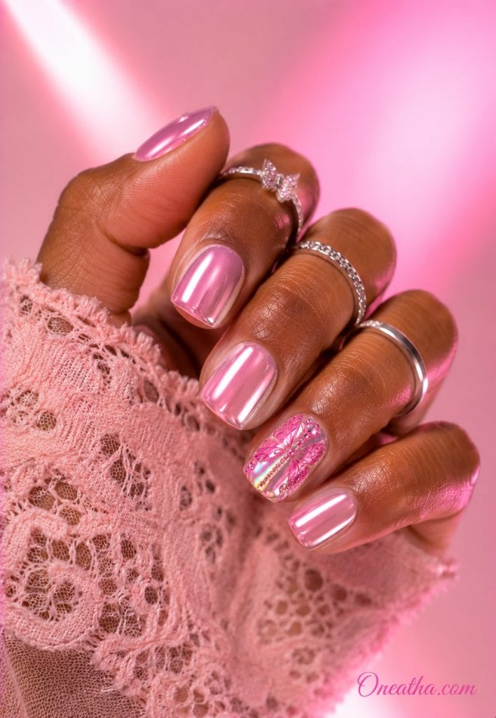 Luxury pink chrome butterfly short nails.