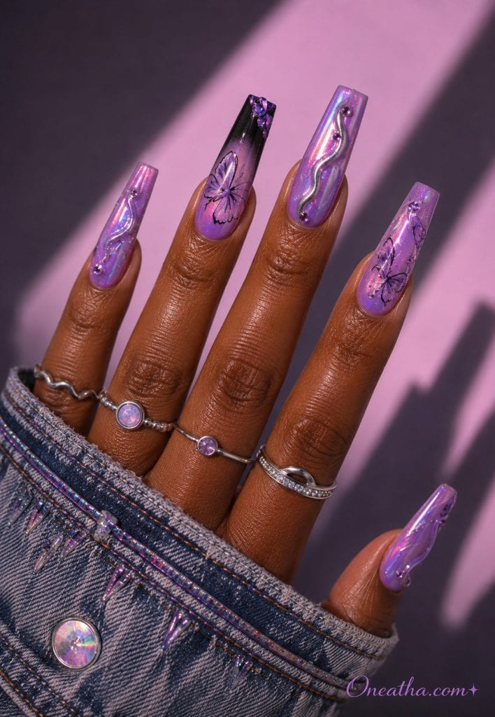 Iridescent pearl-to-purple chrome butterfly nails.