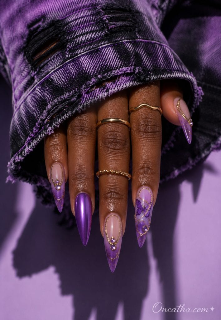 Glossy violet aura nails with a purple butterfly accent.