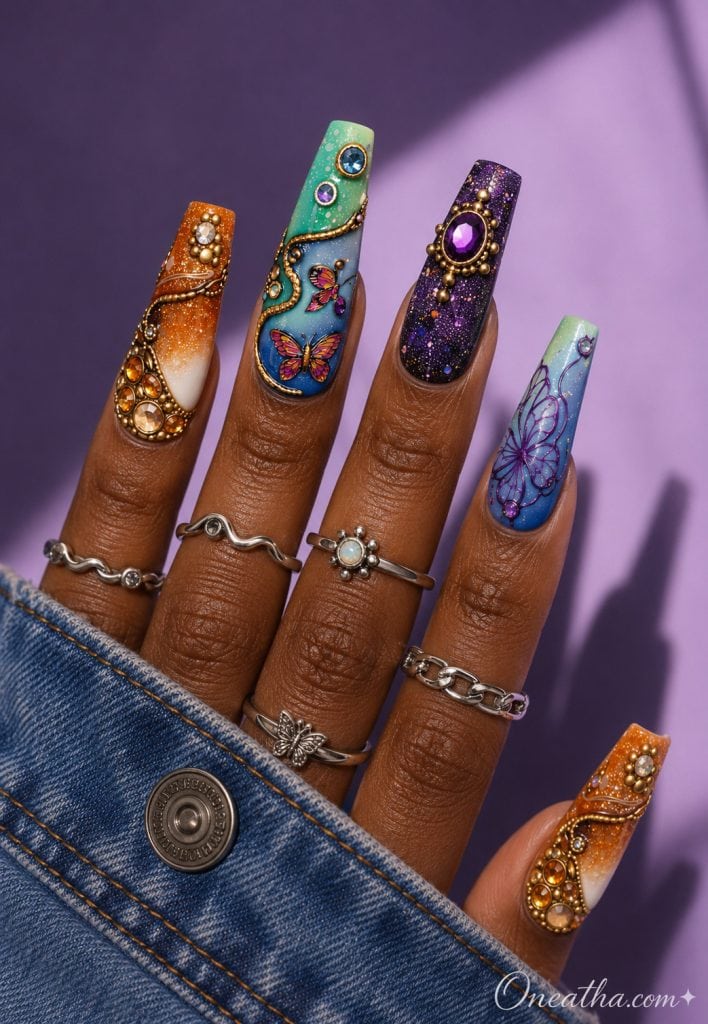 Colorful jeweled butterfly nails with violet glitter accents.