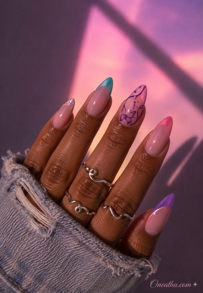 Pastel French tips with purple butterfly accent nail.