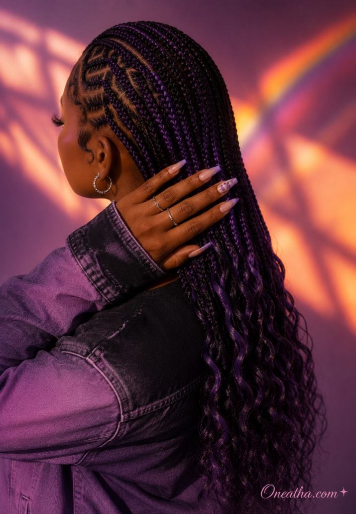 Purple braids with lilac butterfly French tip nails.
