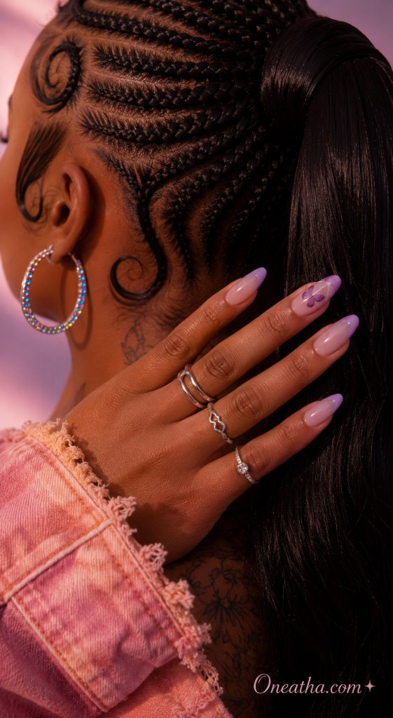 Lilac French tip nails with a purple butterfly accent beside a sleek braided ponytail.