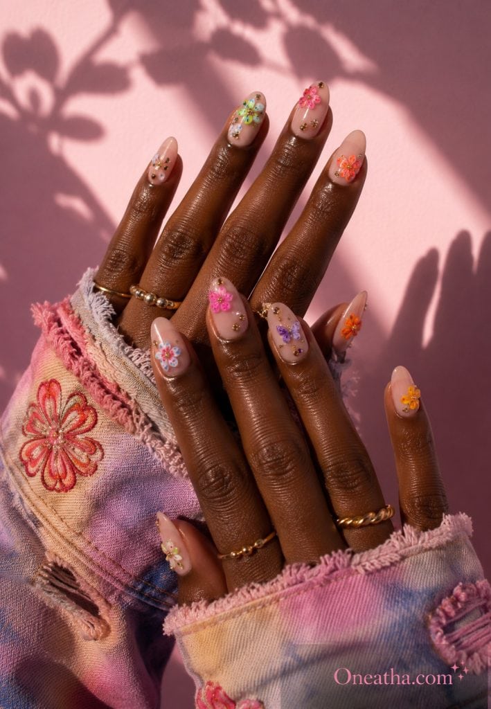 Floral almond nails and a purple butterfly accent nail by Oneatha.