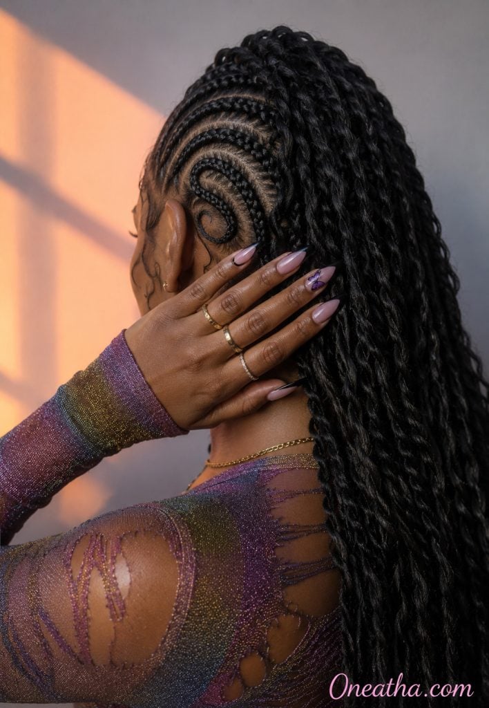 Warm cinnamon-toned hand with butterfly French tip nails and long braided twists.
