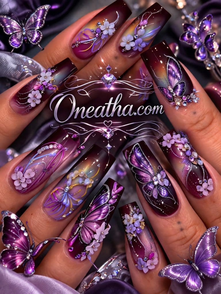 Butterfly Addict nails by Oneatha featuring deep plum aura nails, purple butterfly nail art, floral rhinestone accents, luxury coffin nails, glamorous purple manicure inspiration, and signature beauty styling from Oneatha.com.