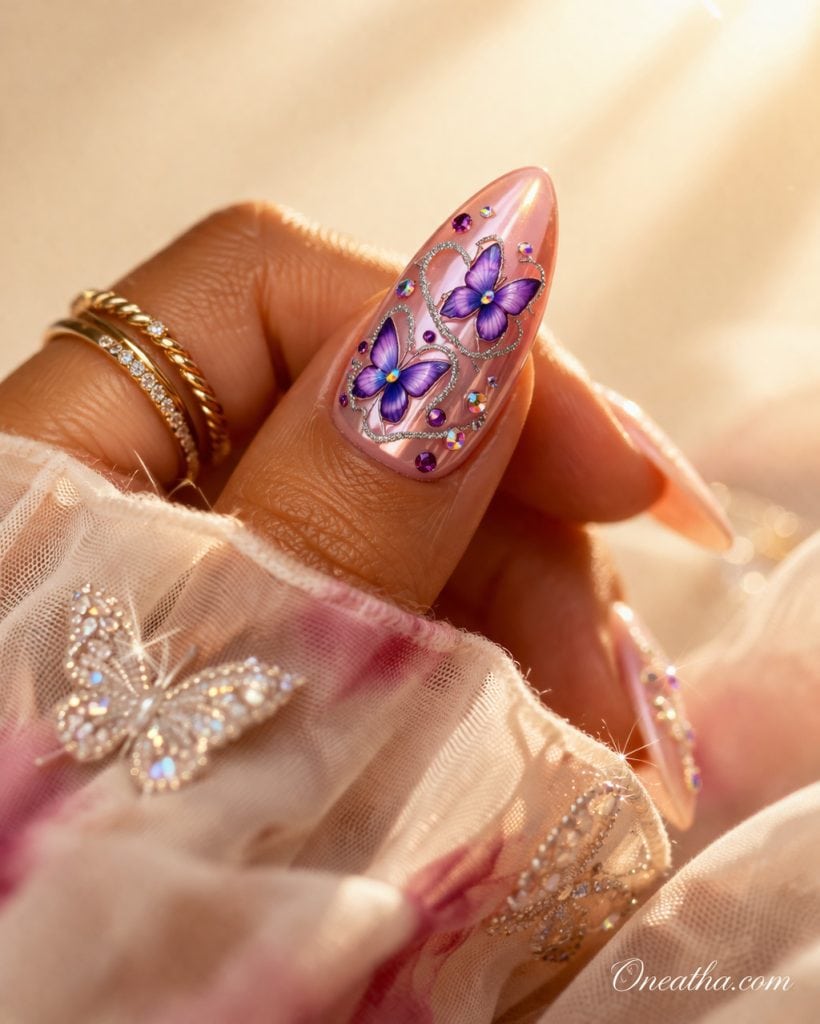 Luxury almond butterfly nails by Oneatha featuring a pink chrome base, purple butterfly nail art, rainbow rhinestones, silver heart line details, feminine glamour nails, luxury nail inspiration, elegant almond-shaped manicure from Oneatha.com.