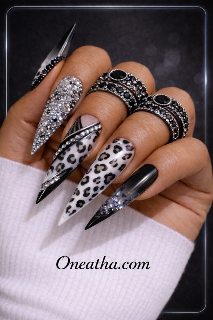 short black and white leopard nails natural length simple chic nail style idea