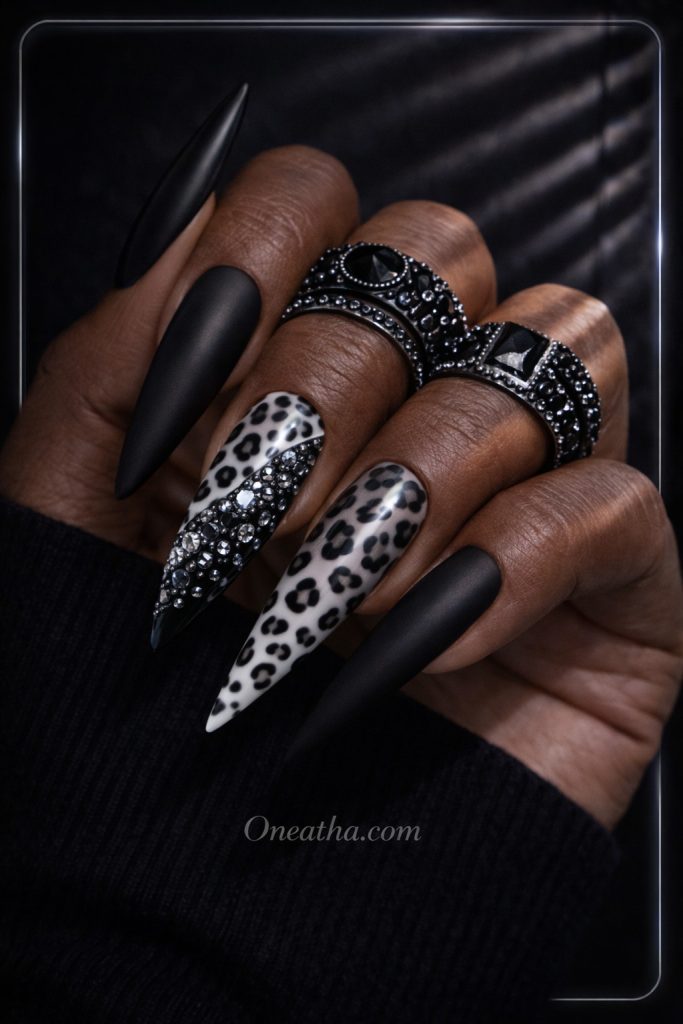 black and white leopard nails acrylic design glossy finish bold luxury manicure idea