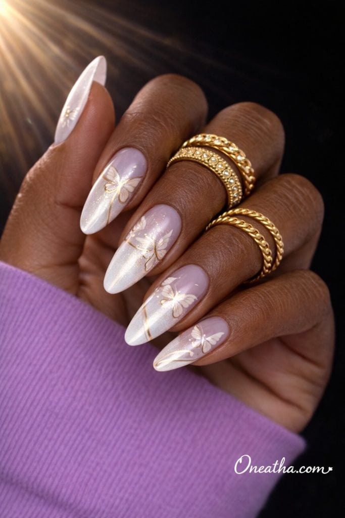 Close-up of a deep cocoa-toned hand with almond-shaped white cat eye nails featuring gold-accented butterfly designs and a soft shimmer finish. Styled with stacked gold rings and a purple sweater against a black editorial background with golden light rays.