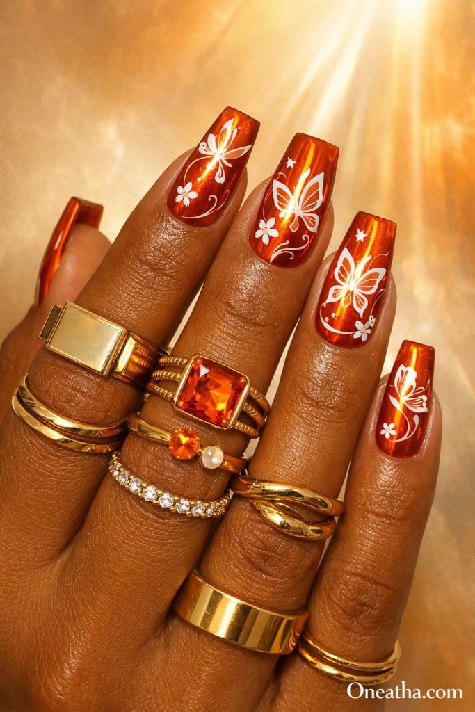 Warm cinnamon-toned hand with square burnt orange chrome nails featuring white butterfly designs, floral accents, and glossy swirl details paired with gold rings. Luxury butterfly nail design with chrome finish and gemstone rings in a high-end editorial setting.