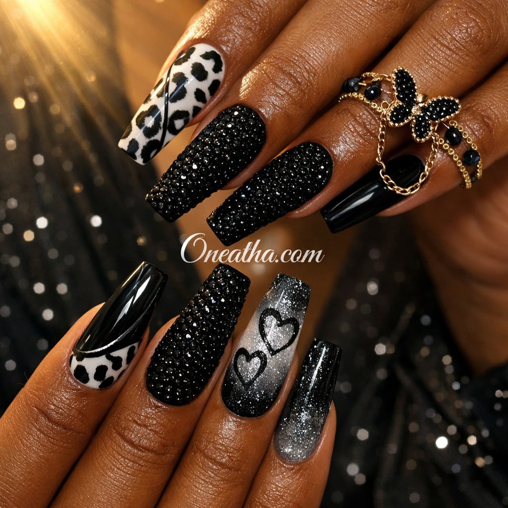 black and white leopard accent nails mixed design trendy nail art inspiration look