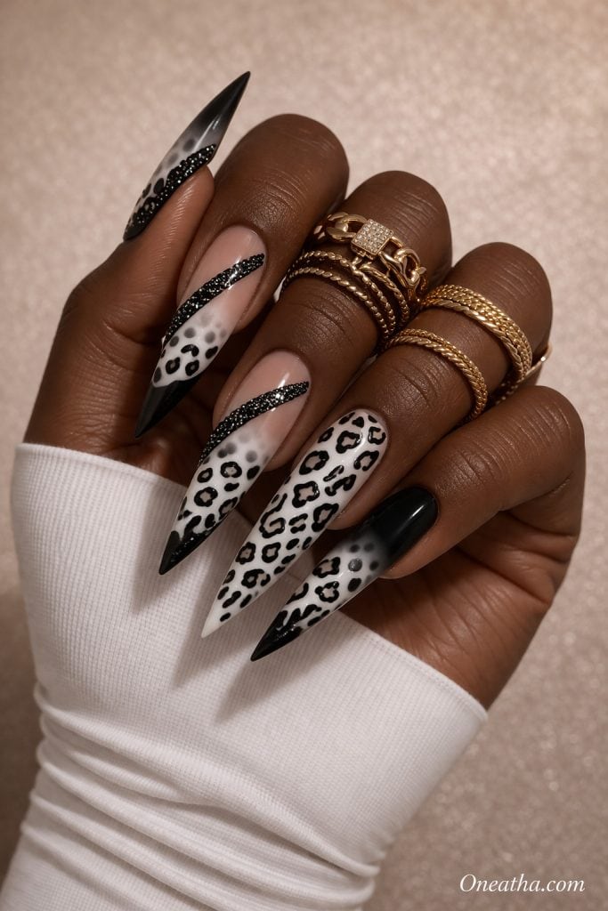 black and white leopard print nails short almond shape trendy nail design inspiration