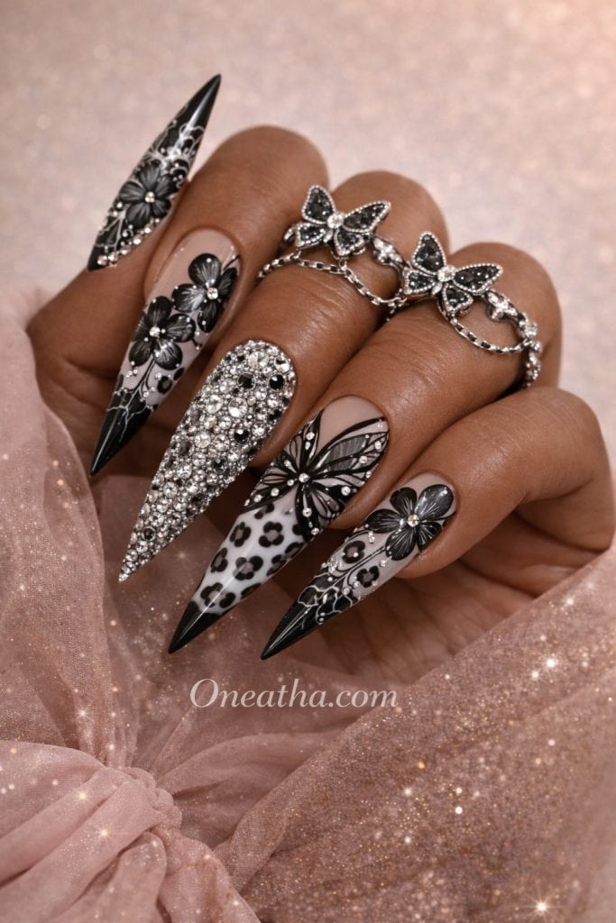 black and white leopard nails with chrome details trendy acrylic nail design inspiration