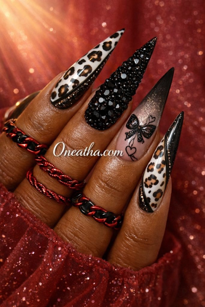 almond shape black and white leopard nails elegant high fashion nail design idea