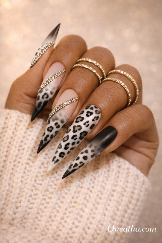 black and white leopard nails high fashion nail design bold aesthetic look