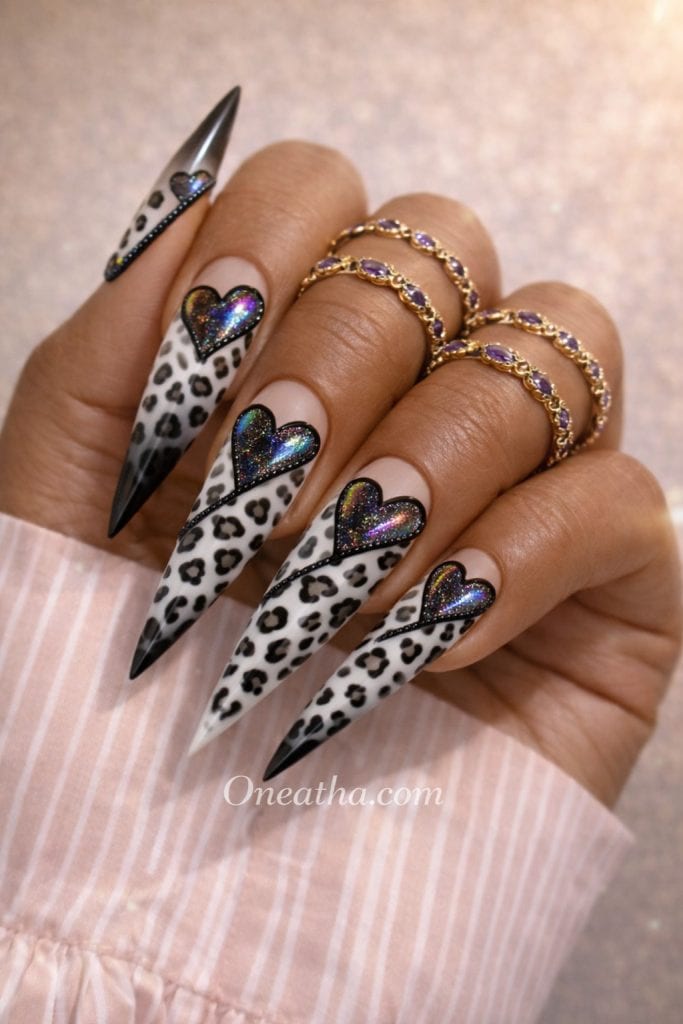 coffin shape black and white leopard nails luxury statement manicure for bold style