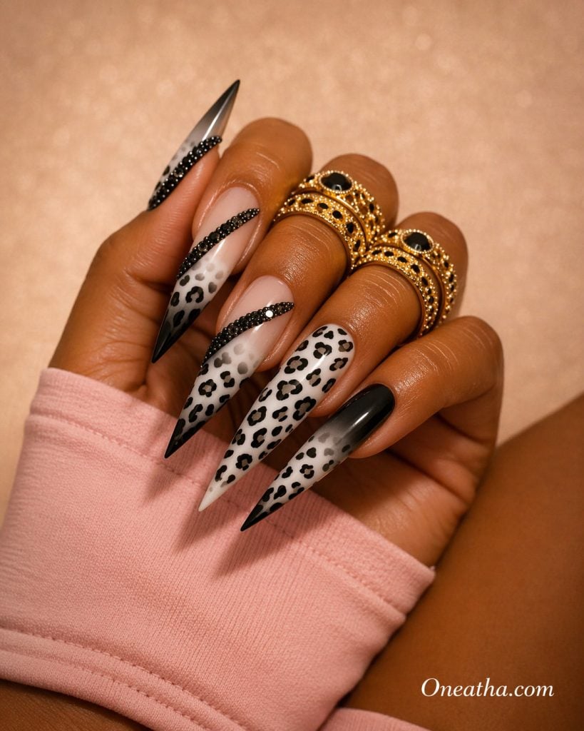 black and white leopard nails trendy chic manicure idea for stylish looks