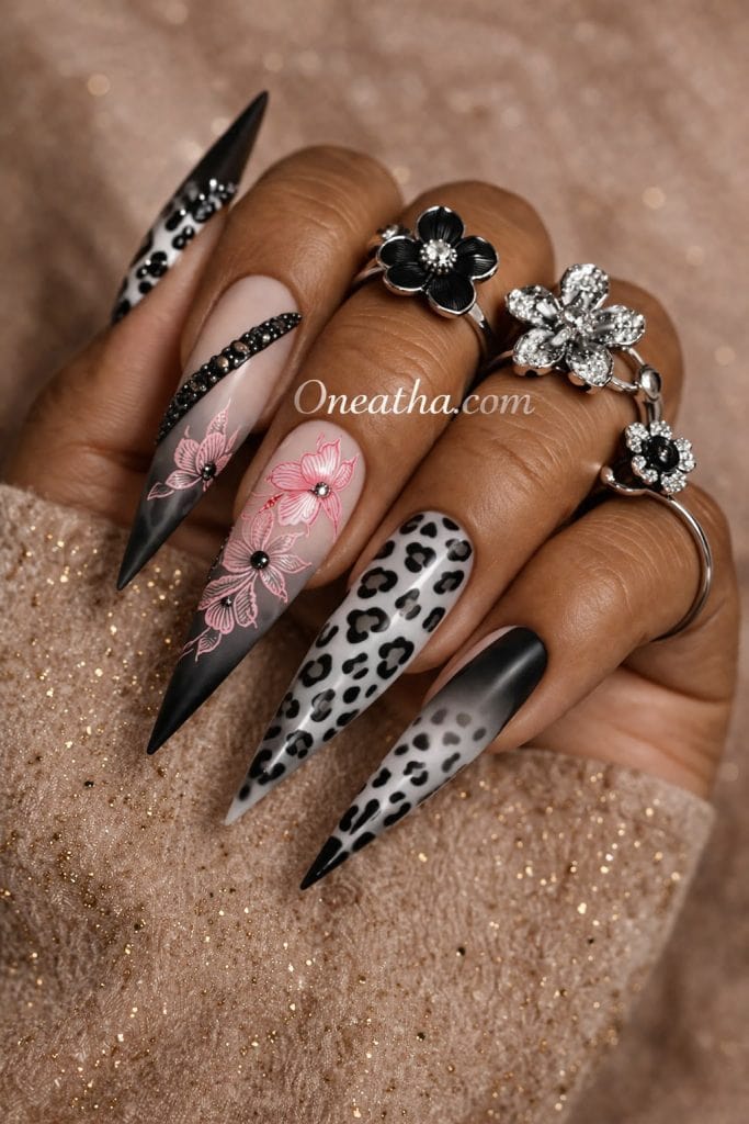 long coffin black and white leopard nails with gold accents statement nail look