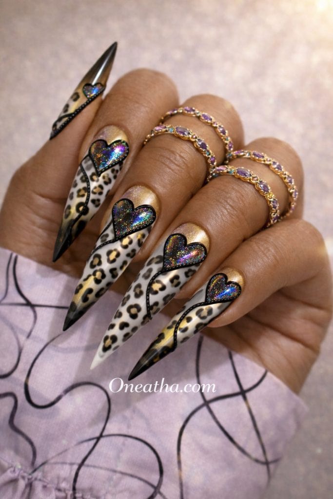 black and white leopard nails glossy finish bold statement nail style