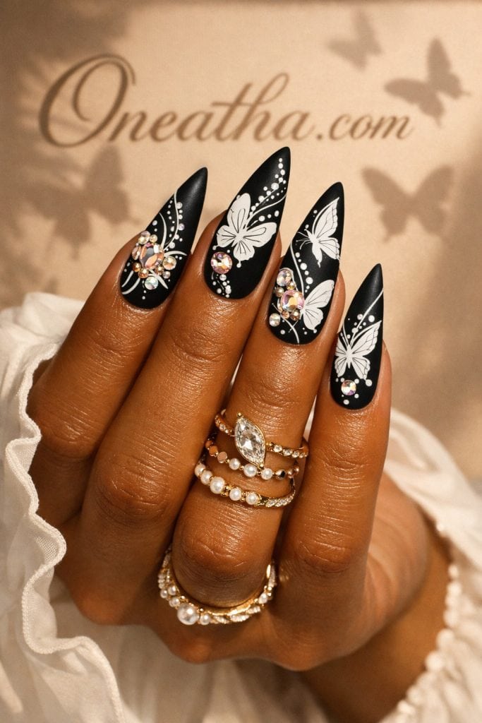 White butterfly nail designs featuring delicate butterfly art, glossy and matte finishes, and elegant detailing. A luxe manicure style with butterflies, rhinestones, and soft feminine accents perfect for any season.