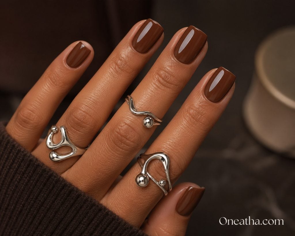 Classic high gloss brown nails with luxury finish, elegant square manicure in rich brown tone, glossy brown nail design inspiration, timeless classy nails for self-care and salon manicure ideas.