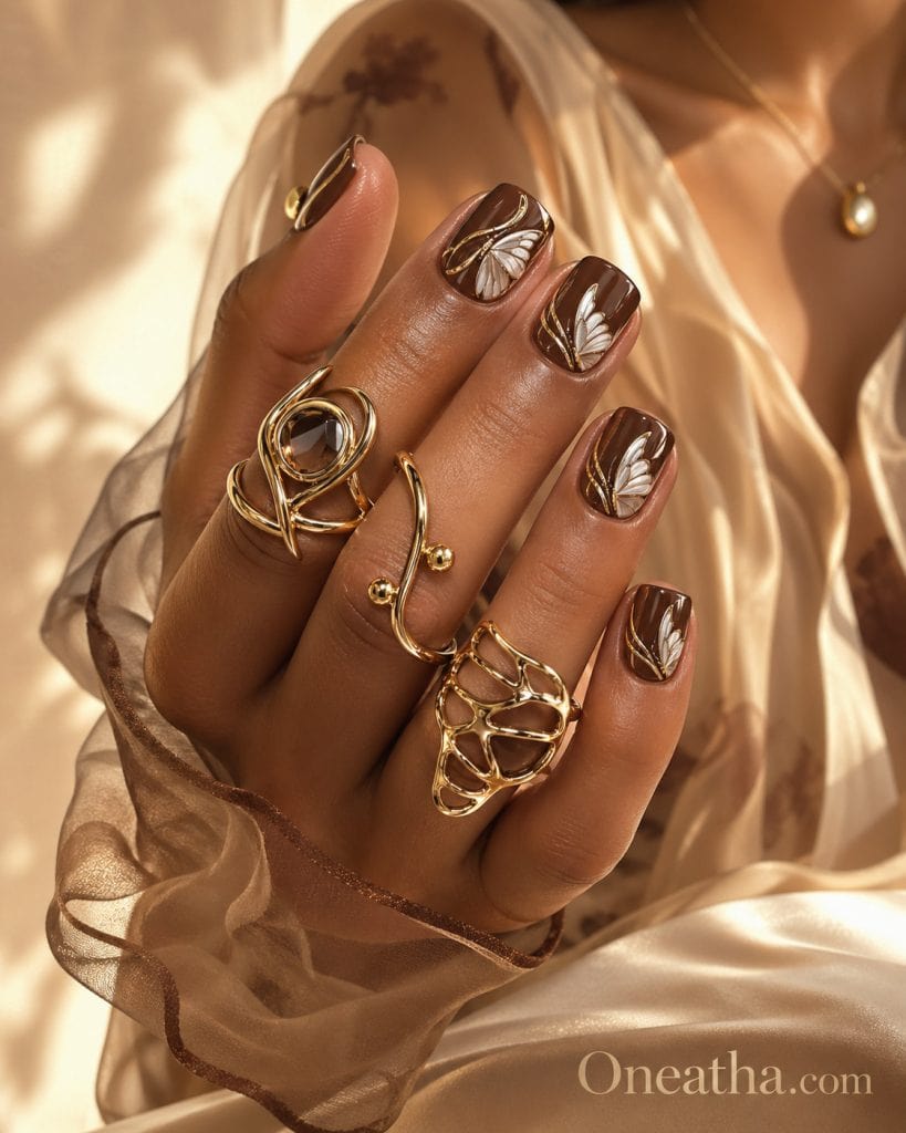 Oneatha manicure design with brown glossy nails and white butterfly wing nail art, luxury artistic nail design inspiration, high gloss brown manicure with elegant butterfly details, trendy unique nail art for salon or DIY luxury nails.