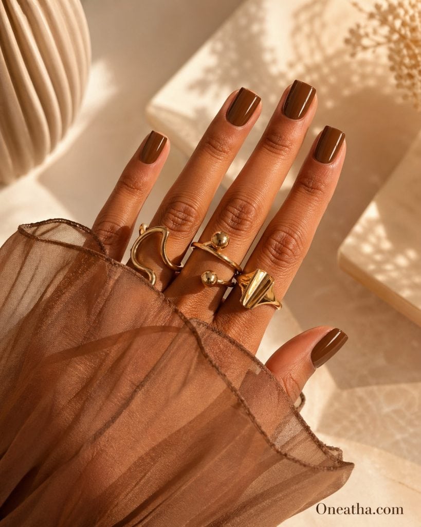 Square luxury brown nails with glossy finish, rich brown manicure inspiration, elegant square nail shape with warm neutral tone, high-end minimalist nail design for salon or self-care luxury aesthetic.