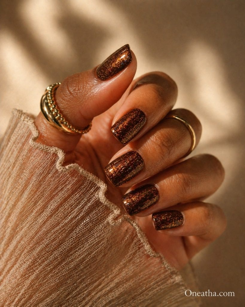 Oneatha brown sparkle nails with luxury glitter design, elegant brown manicure with soft shimmer accents, aesthetic square nails inspired by Oneatha beauty, expensive-looking sparkle nail design in warm brown tones, seasonal luxury nail idea with subtle glitter finish